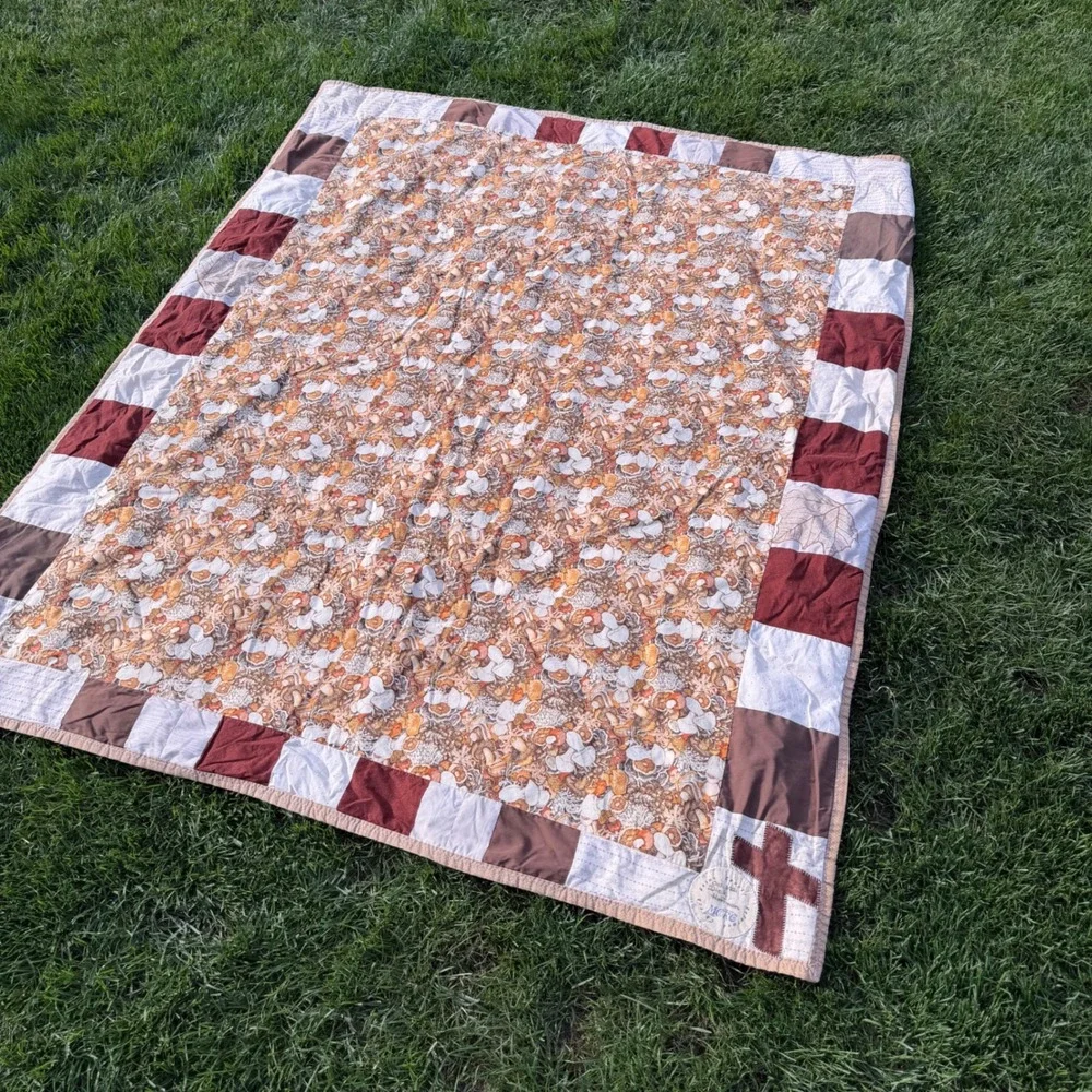 A+ Handmade Mason County Reformed Church Patchwork Quilt Mushroom Print 60x56